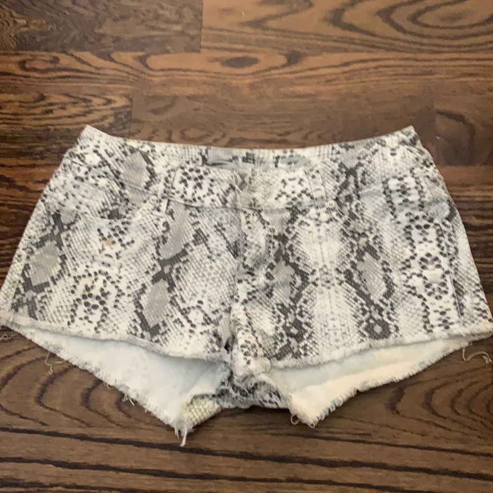 snakeskin denim cutoff shorts